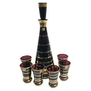 Decanter Mid-Century moderno cristallo a righe oro 28 oz con 6 bicchieri da 2 oz - Foto 1 di 11