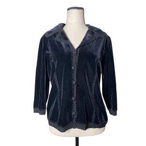 Sophie Chang Studio Velvet Cardigan Jacket Top Black Crochet Trim Button Front S - Picture 1 of 7