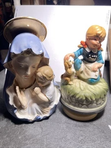 7” Mary &Child Ceramic Planter, 6” Musical Working Girl & Pup Art Mark Set Japan - Picture 1 of 17