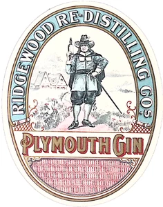 Pre-Prohibition Plymouth Gin Ridgewood Re-Distilling Co Label Pilgrim in Village - Bild 1 von 3
