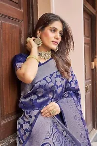 Womens Blue Kanjivaram Soft Silk Patola saree with Unstitched blouse piece - Picture 1 of 6