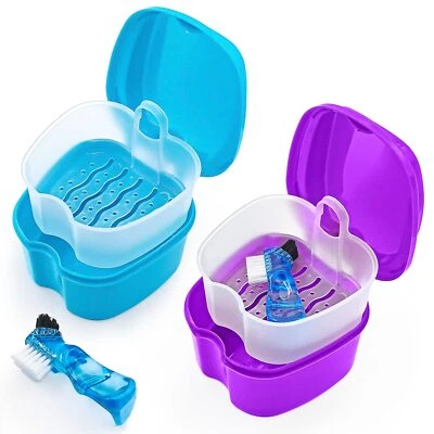 Denture Case Set with Cleaning Brush and Strainer Waterproof Purple and Blue - Image 1 of 4
