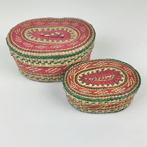 VTG Nesting Lidded Multicolor Baskets Chinese Red Green Yellow Set of 2 Decorati - Picture 1 of 11
