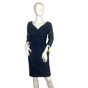 Tahari Arthur S. Levine DAMEN MARINEBLAU PAILLETTEN UND SPITZE KLEID GRÖSSE 4 NEU MIT ETIKETT - Bild 1 von 7
