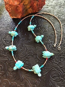 Hand Carved Turtle Turquoise Fetish Necklace 30" Heishi Artisan Native American - Picture 1 of 6