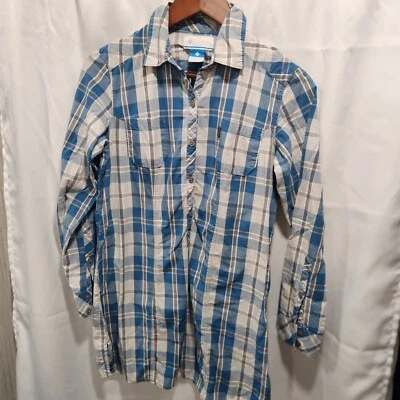 Camisa para mujer Columbia con botones talla pequeña a cuadros azul blanco manga larga Foto 1 de 3
