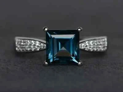 2.50Ct Princess Cut London Blue Topaz Engagement Ring 14K White Gold Finish - Image 1 of 4