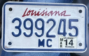 Placa de licencia de motocicleta Louisiana # 399245 con pegatina de marzo de 2014 - Imagen 1 de 2