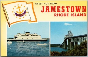 Vintage 1960s JAMESTOWN, Rhode Island Greetings Postcard Bridge / Ferry Boat - Picture 1 of 2