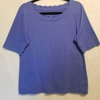 Talbots L T-Shirt Blue Scalloped Neck Pima Cotton Classic Elevated Basic Preppy - Image 1 of 4