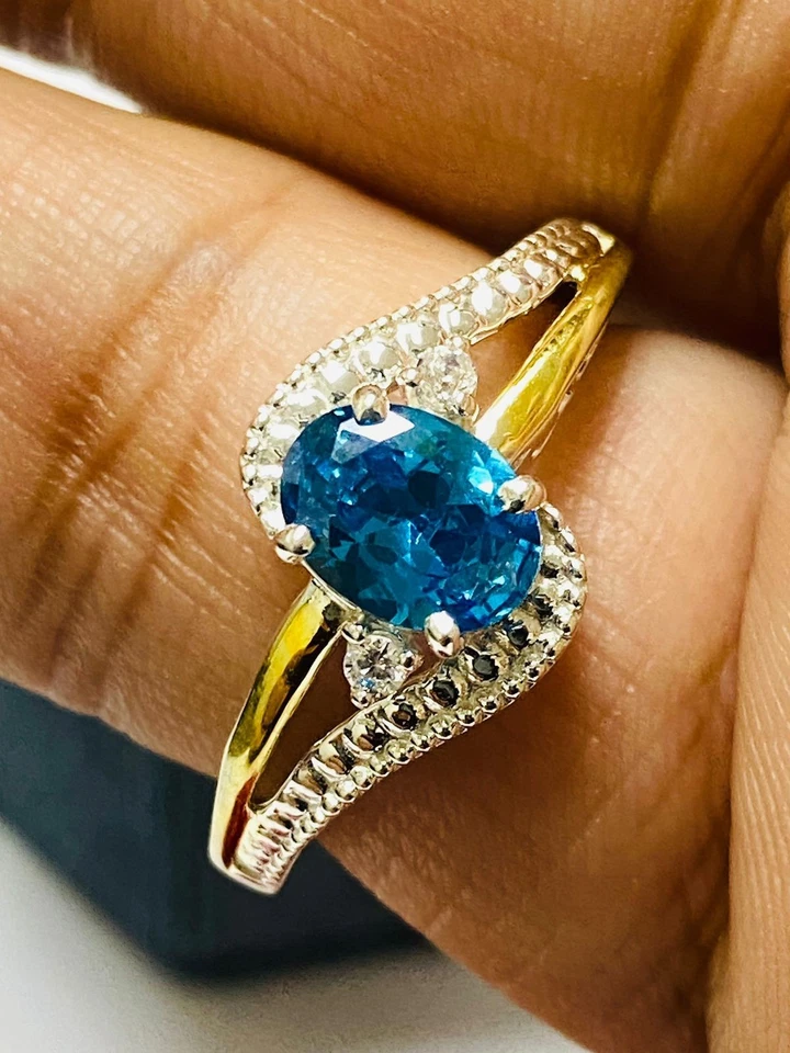 Anillo de plata 925 oro 10K topacio azul piedra de nacimiento diciembre en plata de ley Foto 1 de 4