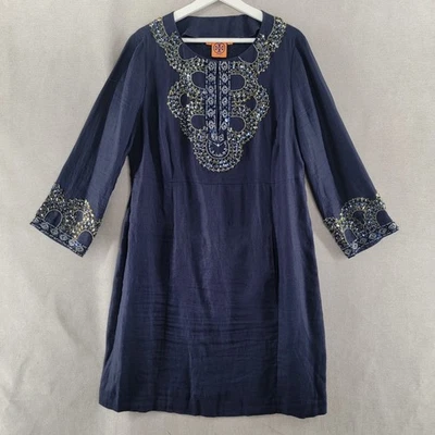 Платье женское Tory Burch 14 темно-синее 100% льняное с бисером туника сменное прибрежная подготовка - Изображение 1 из 4