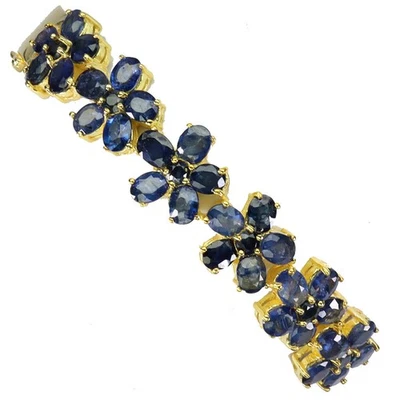 925 Sterling Silver Bangle Oval Sapphire 5x4mm Flower Gemstone Jewelry 7 Inches - Image 1 of 4