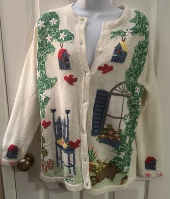 VINTAGE The Quaker Factory Hand Knit Sweater Bird Flowers Window Flowers Medium - Image 1 of 4