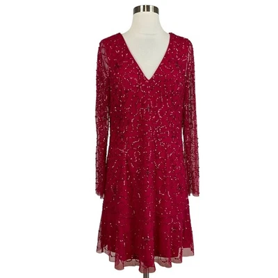 Adrianna Papell Women's Cocktail Dress Size 10 Red Sequin Long Sleeve Mini - Image 1 of 4