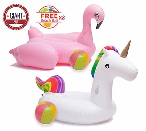 ☀️SUMMER SALE! Unicorn + Flamingo (2) Giant Pool Float Swim + FREE Beach Balls - Picture 1 of 6