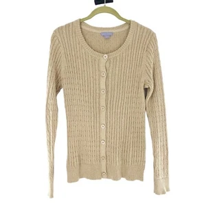 Laura Scott Gold Shimmer M Cable Knit Button Front Cardigan Sweater Holiday - Picture 1 of 12