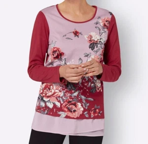 leichtes Langarm Shirt Gr. 44 rote Hinterfront Vorne Blumenprint mit Schößchen - Bild 1 von 1