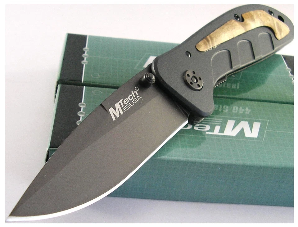 Faca MTech OLD VERSION cinza titânio BurlWood Inlay Linerlock 7.8/4.5/3.3 MT437 - Imagem 1 de 3