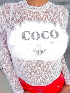 Manosque Original COCO Strass Designer Stretch Lace Shirt White L - Bild 1 von 5