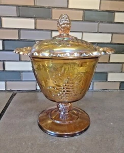 INDIANA GLASS MARIGOLD IRIDESCENT GRAPES COMPOTE W/LID  - Picture 1 of 7