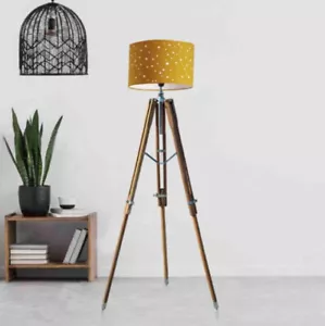 Teak Wood LED Tripod Floor Lamp Without Shade Wooden Vintage Style Teak Light - Picture 1 of 4