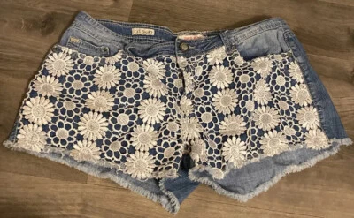 "Hot Kiss Pantalones Cortos Para Mujer 14 Azul Caliente Pantalones Tiro Bajo Blanco Encaje Denim 35 X 2 1/2""" Foto 1 de 4