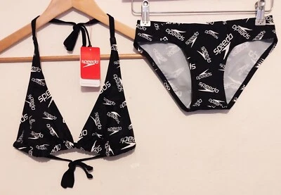 Women's New SPEEDO "Triangle Tie" 2 Piece Bikini Set. UK 6. Black/White - Image 1 of 4