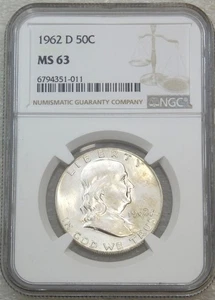 1962-D Franklin Half Dollar NGC MS63 95% FBL Frosty Just Graded New Holder H180C - Picture 1 of 2
