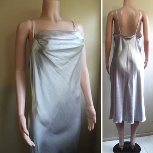 BeBe L Bias Cut Slip Dress Silver Satin Sleeveless Poly Adjust Straps Drape Neck - Picture 1 of 9