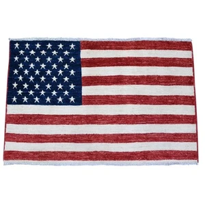 2'6"x4' Red Wall Hanging American Flag Hand Knotted All Wool Peshawar Rug G89810 - Picture 1 of 6