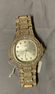 Techno Pavé Iced-Out 8712C Men's Gold-Plated Metal Quartz Analog Wristwatch NEW - Picture 1 of 6