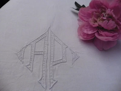 ANCIEN DRAP LIN X COTON ECRU"AP"JOURS DOUBLE MAIN 215X280 CM - Photo 1/4