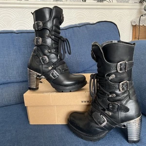 NEW ROCK Boots TR003-S1 Ladies Metallic Black Leather Biker Heel Goth Punk Shoes - Picture 1 of 10