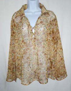MixIt Women's Beige Floral Sheer 1/4 Lace-Up Long Sleeve Blouse Size Large - Picture 1 of 9