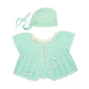 Handmade Knit Baby Infant Outfit Set Bow Beanie Hat Cap Sweater Sea Green 1980's - Picture 1 of 3