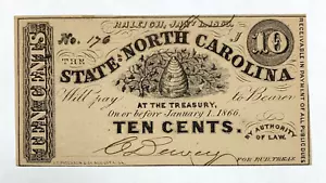 1863 10C North Carolina Confederate Note - Beehive - Picture 1 of 2