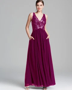 Aidan Mattox ärmellos V-Ausschnitt Perlen Mieder Chiffon Rock Kleid Gr. 8 Margenta - Bild 1 von 2