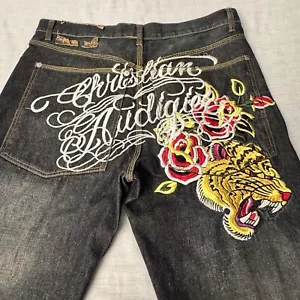 RaRE! CHRISTIAN Audigier ED HARDY Embroidered Denim Jeans 90’s Size 36 X 34 - Picture 1 of 21