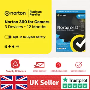 Norton 360 for Gamers Antivirus 2024 3 Device  1 Year  5 Minute EMAIL Delivery - Picture 1 of 5