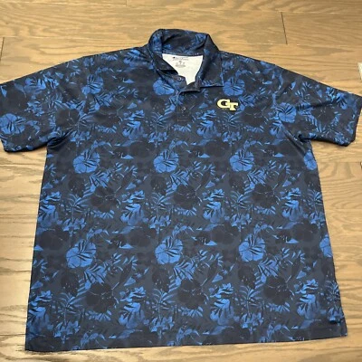 Champion Georgia Tech Yellow Jackets Polo Shirt Floral Hawaiian Golf Blue 2XL - Image 1 of 4