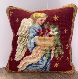 Vintage Handmade Needlepoint Pillow, Angel, Christmas, Red Backing 9” Square - Picture 1 of 9