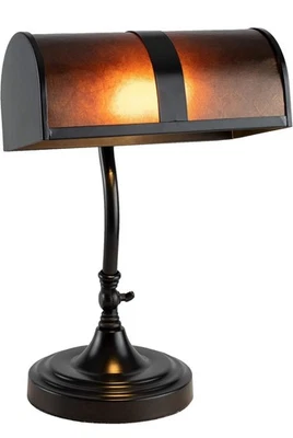 Banker's Lamp Mission-Style Table or Desk Light with Amber Mica Shade Retro Look - Image 1 of 4