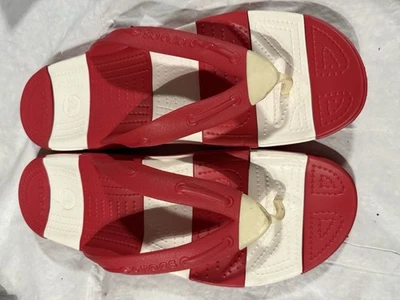 Crocs Men's and Women's Red & White Stripe Flip Flops, Sandals Mens 13 - Image 1 of 4