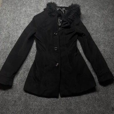 Abrigo largo de lana negro Guisante Donnybrook con capucha de piel sintética talla pequeña cálido de invierno Foto 1 de 4