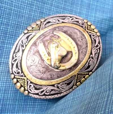Horse Horseshoe Scroll Belt Buckle Working Cowboy Vtg Montana SilversmithsGMP696 - Image 1 of 4