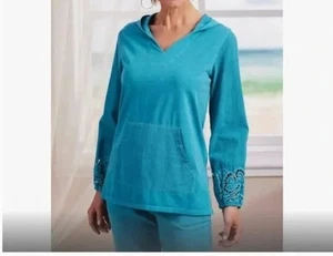 $89 Soft Surroundings Retreat Women's Cotton Blend Blue Hoodie Tunic Top SZ M - Picture 1 of 8