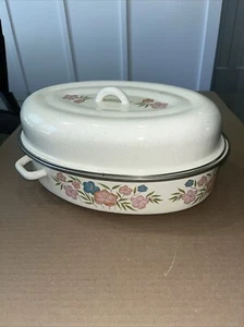Vintage Emaillierter Bräter Rosa Blumenmuster Bräter mit Deckel 15" Set Griffe - Bild 1 von 11
