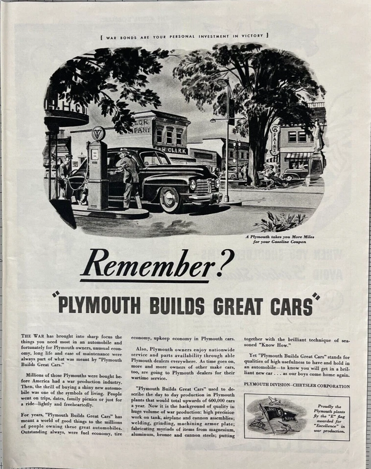 Plymouth 1943 Magazine Print Ad WWII Era Chrysler Small Town America - Image 1 of 1