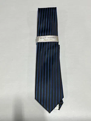 Mens Stacy Adams Black Blue Stripe Tie With Matching Pocket Square NEW Foto 1 de 3